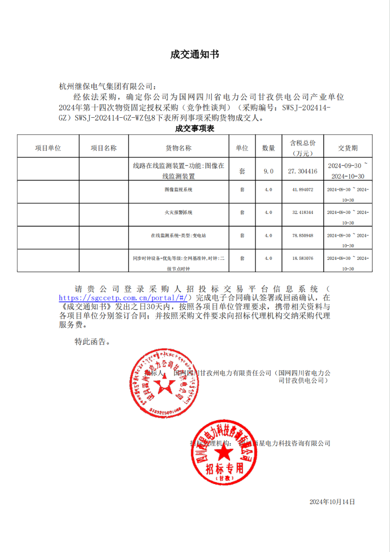 國網(wǎng)四川省電力公司甘孜供電公司產業(yè)單位2024年第十四次物資固定授權采購包8